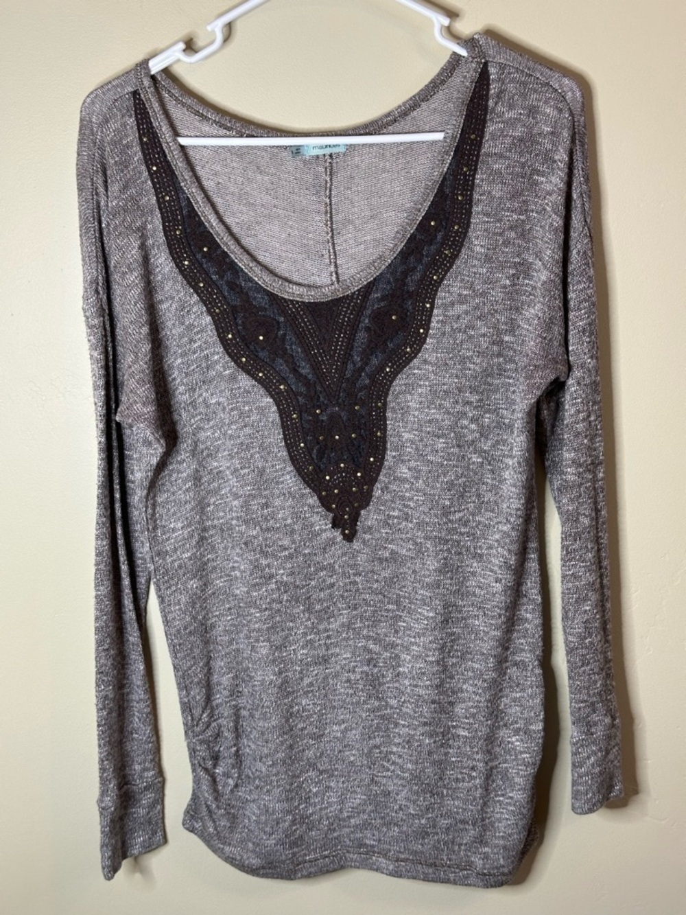 Maurices Small Taupe Knit Top Lace V Neck Button Back Long Sleeve